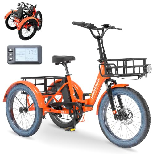 MOONCOOL Elektro Dreirad Erwachsene, Klappbar 20 E-Bike Fatbike mit Großen Körbe, Geschwindigkeit 25 km/h, 36V 20AH Akku & 250W Motor 45 Nm, 3 Fahrmodi E-Trike für Herren Damen (Bernsteinorange)