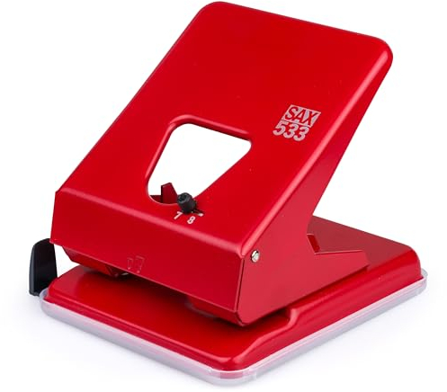 SAX Locher 533, Rot, verstellbarer Lochabstand, für 35 Blatt, inkl. Auffangschale, robustes und stilvolles Design, geeignet für Büro, Schule und Freizeit