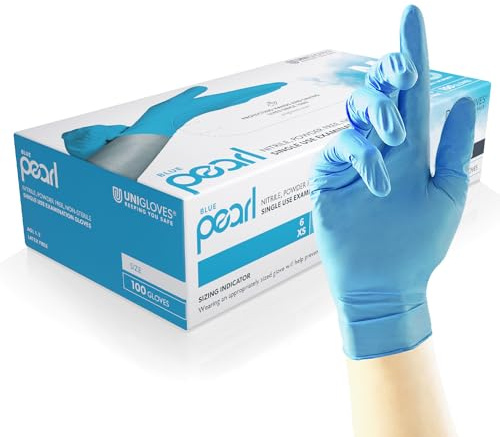 Unigloves Blue Pearl Guantes de examen de nitrilo - Guantes desechables multiuso, sin polvo y sin látex - Caja de 100 guantes, azules, extra pequeños (GP0011)