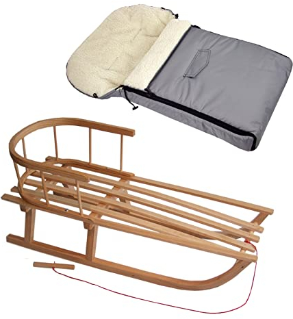 BambiniWelt by Rafael K. Holz-Schlitten mit Rückenlehne & Zugseil + universaler Winterfußsack (90cm), geeignet für Babyschale, Kinderwagen, Buggy, Wolle UNI (Hellgrau)