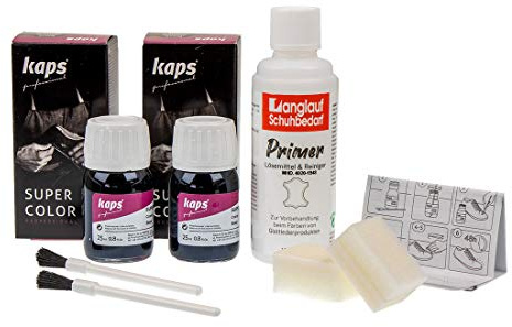 Kaps Super Color Lederfarbe - Farbe wählbar – für Echtleder und Kunstleder zum färben und umfärben von Leder - 2 x 25ml + 100ml acetonfreier Primer Preparer Lederreiniger - Leather Dye (rohrzucker)