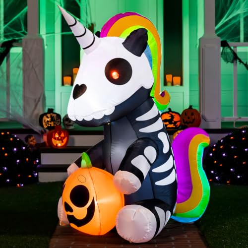 Joiedomi 5 pies de Alto Halloween Inflable Sentado Esqueleto Unicornio decoración de Patio con LED Integrados hinchables para Fiesta de Halloween Interior, Exterior, Patio, jardín, césped