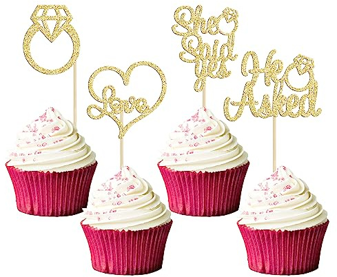 Gyufise Cupcake-Aufsätze mit Aufschrift He Asked She Said Ye, goldfarben, glitzernd, Diamant, Herz, Liebe, Kuchenspieße für Hochzeit, Verlobung, Party, Kuchendekorationen, 24 Stück