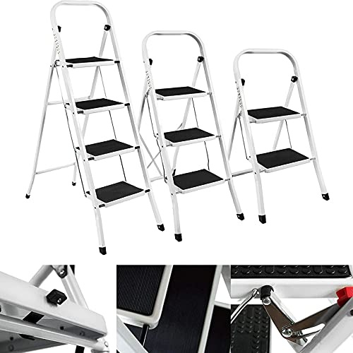 Heavy Duty 2/3/4 Step Ladder Folding Step Stool Portable with Non-Slip Rubber Feet Anti-Slip Househol Stepladders for Multi-purpose 330lbs Capacity (3 Step, White)