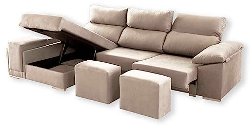 SHIITO - Divano 2 posti con chaiselongue sinistra seduta scorrevole, cassettone e pouf modello Kenia tappezzato in tessuto color tostato