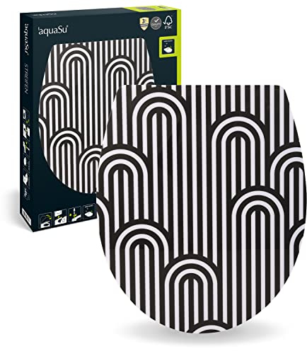 aquaSu® WC-Sitz mit Motiv Streifen | Duroplast Toilettendeckel mit Absenkautomatik | Belastbar bis 300 kg | O-Form | Top-Fix | Take-Off | Kunststoffscharnier | High-Gloss | Weiß | 40747 2