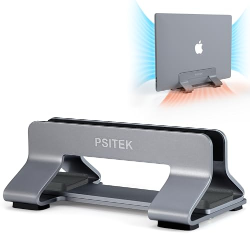 Psitek Aluminum Vertical Laptop Stand Dock Holder, Adjustable Slot Width 12-42mm, Space-Saving Upright Storage for MacBook and Laptops