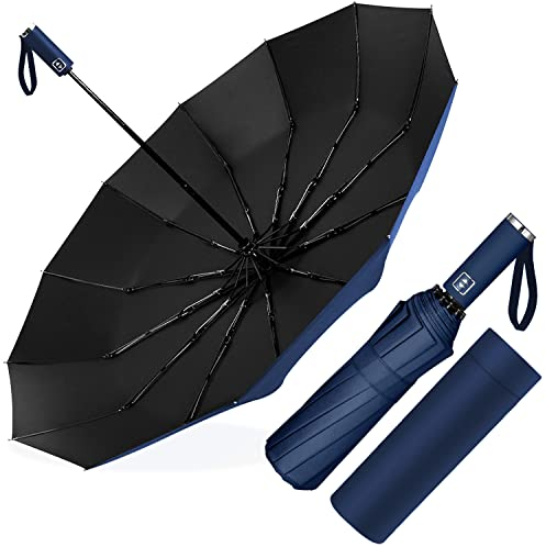 Ombrello Pieghevole Automatico, Ombrello Antivento Portatile, Ombrello Grande da Pioggia 12 Stecche Rinforzate per Uomo Donna, Diametro 105cm (Blu scuro)