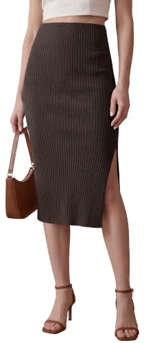 EXCHIC Dam texturerad stickad knälång pennkjol elastisk hög midja basic tub midikjol sidoslits