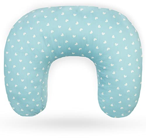 Ella Stillkissen - Ergonomisches Baby Kissen für bequemes Stillen & Füttern von Babys, gepolsterte Kopfstütze für Säuglinge mit abnehmbarem Baumwollbezug - Blau mit Herzen