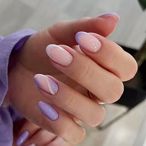 24Pcs Almond False Nails Short, Pink Purple Fake Nails Nude Acrylic Full Cover Stick on Nail with Swirl Designs, Glossy French Tips Artificial Press on Nail for Women Girls