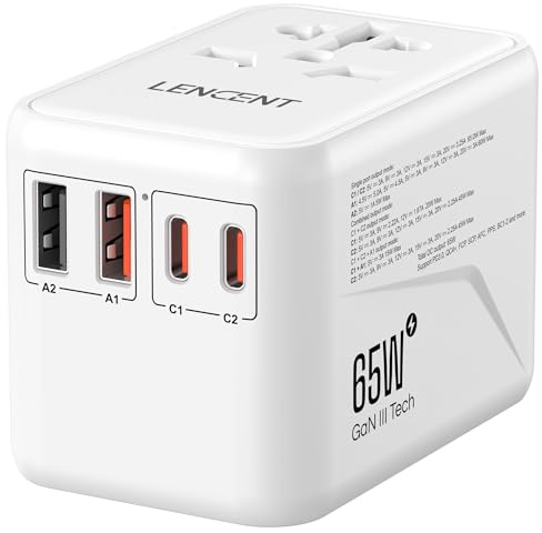 LENCENT Universeller Reiseadapter, GaN3 65W Internationales Adapter | mit 2 QC4,0 USB-A+2 PD3,0 Typ-C PPS Schnellladung, Weltweiter Reisestecker Adapter für USA/UK/EU/AUS Steckdosen, Weiß