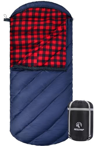 REDCAMP Extra Large Thick Flannel Sleeping Bag for Adults Winter, Big and Tall Cotton Sleeping Bags for Camping with Detachable Hood, Red Plaid with Filling (87x39)