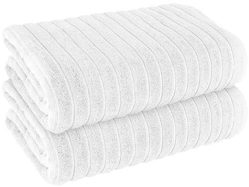 Olivia Rocco Premium Pack of 2 Jumbo Ribbed Bath Sheet Bathroom Large Bath Towel Highly Absorbent Quick Dry Super Soft 100% Cotton Extra Large Bath Sheets, White