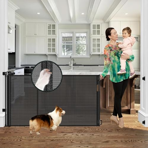 Reinforced 60 Wide Retractable Baby Gates for Dogs, Prevent Crawling Under | Space-Saving Indoor/Outdoor Retractable Gate, Easy One-Hand Operation Safety Lock, Scratch-Resistant Mesh, Easy Install/Black