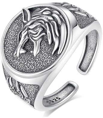 AEONSLOVE Drachen Ringe Silber 925 für Herren Damen, Wikinger Runen Vegvisir/Gothic Totenkopf Ring Verstellbar, Schlange Obsidian/Tetragrammaton Pentagramm/Wolf Offener Ring Vintage