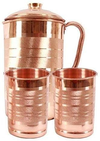 TreegoArt Brocca in rame puro Silver Touch con coperchio per acqua potabile per casa e cucina, confezione da 3 (brocca da 1500 ml con vetro da 300 ml)