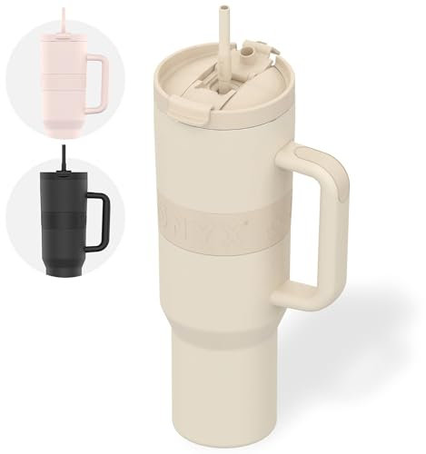 ONYX Trinkflasche mit Deckel und Strohhalm - 1,2L Thermoskanne auslaufsicher, Kaffeebecher to go, für heiße und kalte Getränke, BPA-frei, Edelstahl Isolierbecher mit Henkel, Thermobecher Sand Beige