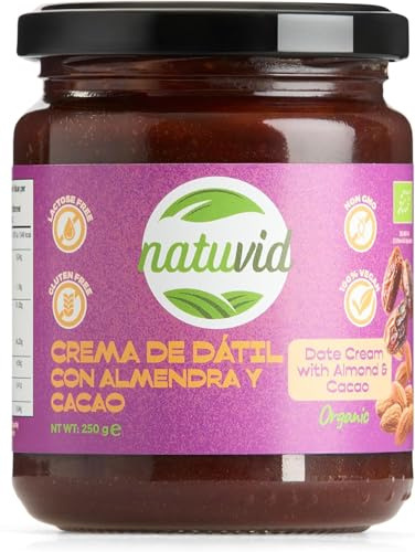 Natuvid | Crema de Dátiles con Almendras y Cacao | BIO 250 g | Vegana | Sin Gluten | Sin Lactosa | Sin Azúcares Añadidos | Cremosa | Ideal para Desayunos, Postres y Snacks Saludables