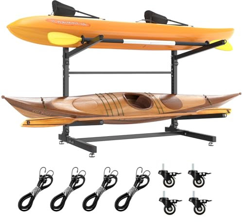 LotFun Kayak Storage Rack, Freestanding Heavy Duty Adjustable Kayak Stand Indoor Outdoor Storage Rack Garage, with Wheels and Foot Pad, for Kayaks, SUPs, Canoes, Surfboard(2 Levels)