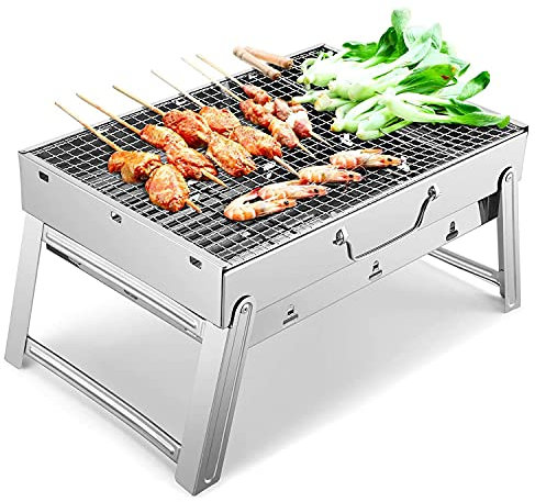 Barbecue portatile a carbonella in acciaio inox, per campeggio, picnic, compatto e pieghevole, per cucinare in giardino, di piccole dimensioni (35 x 27 x 20 cm)