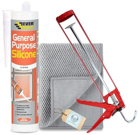 Everbuild Pro Dec Mastic en silicone transparent à usage général 280 ml, pistolet à calfeutrer squelette extra fort et chiffon en microfibre – Mastic en silicone transparent étanche pour salles de