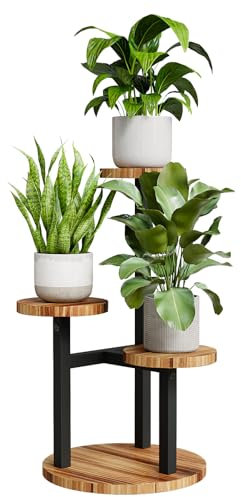 Bamworld Porta piante da interno in metallo 3 ripiani in legno - Fioriera a più livelli per vasi da esterno e interno, scaffale verticale per piante, portavasi salvaspazio per arredo giardino e casa
