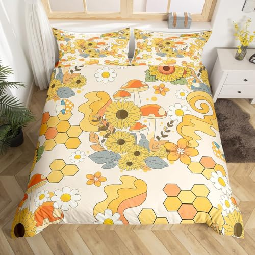 Erosebridal Groovy Flower Girls Full Duvet Cover for Kids Teens, Yellow Florals White Daisy Bedding Set All-Season, Trendy Honeycomb Printed Bed Sets, Cute Bedroom Decor, Soft Microfibre