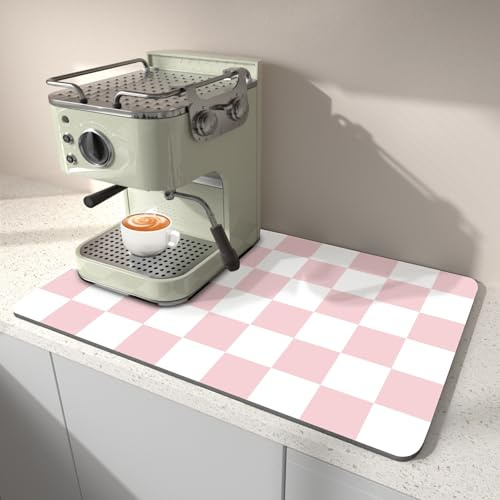 Dish Drying Mat for Kitchen, 40 x 45CM Coffee Bar Mats for Countertop Fit Under Coffee Maker, Checkered Drying Mat, Hide Stain Rubber Backed Espresso Machine Absorbent Drying Pad, Pink & White