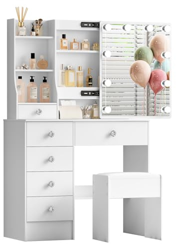 Ereousa Toeletta Trucco con Specchio e Sgabello, Postazione Make-up Robusta con Luci Dimmerabili e Guida Video, Scrivania da Trucco con 6 Cassetti e 6 Ripiani, Bianco, 36×80×131 cm, H39047