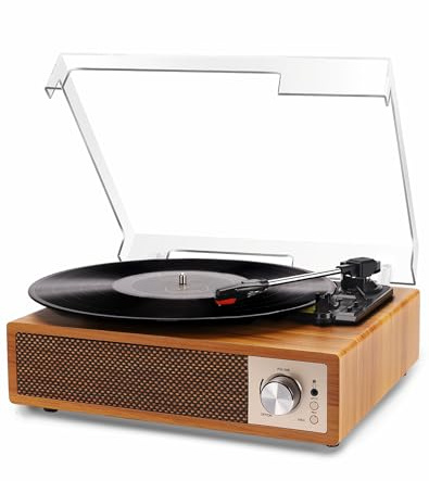 Record Player, VOKSUN Bluetooth Vinyl Turntable with Built-in Stereo Speaker Belt-Driven Vintage Phonograph Record Player Vinyl Player, 3 Speed Turntable with Digital Encoder, USB, RCA, Aux IN, Wood