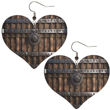 Holz-Ohrringe mit Schlosswand, Metall, Tor, Leder, Herz-Ohrringe, leicht, baumelnde Ohrringe, Schmuck, Geschenke