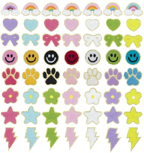56 Stück Chenille Selbstklebende Patches Niedliches lächelndes,Regenbogen,Blumen,Blitz Stoffaufkleber ohne Nähen Chenille Patches für Kleid,Hut,Jeans,Rucksäcke,Jacken,T-Shirt,Kleidung