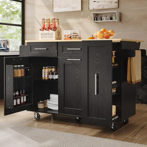 ModernLuxe Kitchen Island on Wheels, Versatile Kitchen Cabinets with Storage Space, Elegant Wood Grain Sideboard with Convenient Snack Shelves and Expanding Function Cabinets, Black, 134.5x46x90.5cm