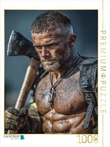 CALVENDO Puzzle Pompier Chaud avec Hache et Torse Nu | 1000 pièces de Taille 48 x 64 cm Puzzle Photo pour des Heures heureuses