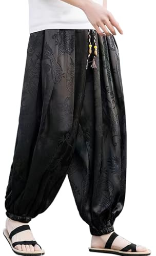 HZCX FASHION Mens Womens Harem Pants Dragon Aladdin Pant Baggy Joggers Kung Fu Hanfu Tai Chi Yoga Pants Loose Trousers(Black,Large)