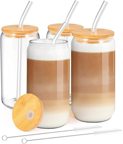 MEIMUCUL Verre avec Couvercle et Paille,500ml Verre Smoothie, Lot De 4 Tasses à Café Glacé avec Paille,Réutilisables Gobelet pour Café Glacé,Cocktail,Soda
