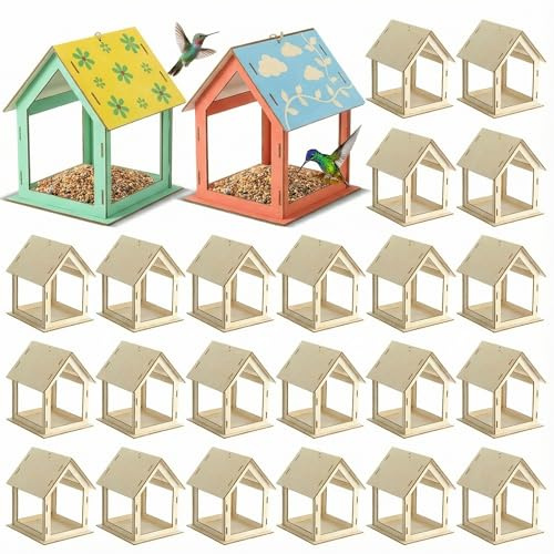 DoubleFill 24 Pcs Wooden Bird Feeder Kits for Kids Outdoor Build Your Own Bird Feeder Kit Painting Activities Crafts Outside Garden Birds Finches Robin Sparrow