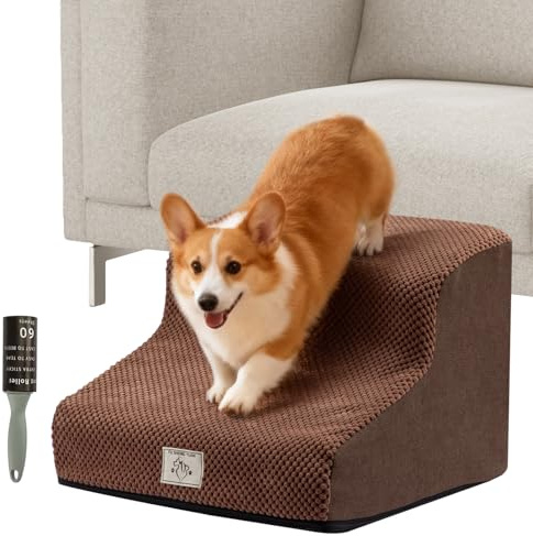 SUNNYNEST Dog Steps Stairs for Bed 3-Step Dog Stairs for Sofa Non-Slip Pet Stairs for Small Dogs and Cats High Density Foam Pet Steps for Small Dogs & Cats and Removable Cover 40X40X30CM (Brown)