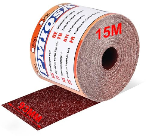 PMIQSA Rollo de Papel de Lija 93mm x 15m Grano 80 | Papel De Lija De óXido De Aluminio Para Lijar Pulir Y Eliminar El óXido Para Lijadora Manual