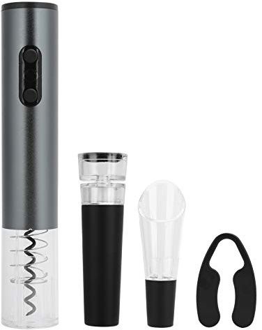 Apribottiglie elettrico per vino Cavatappi automatico con tagliacapsule versatore Tappo sottovuoto in acciaio inossidabile alimentato a batteria per gli amanti del vino e i (Grigio argento)