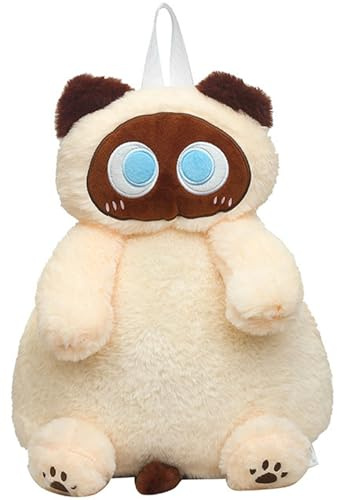 Monetais Mochila de animales de peluche Mochila de gato siamés de felpa suave con asa y correa extraíble Entrañable bolsa de gato difuso con linda expresión para niños y adultos