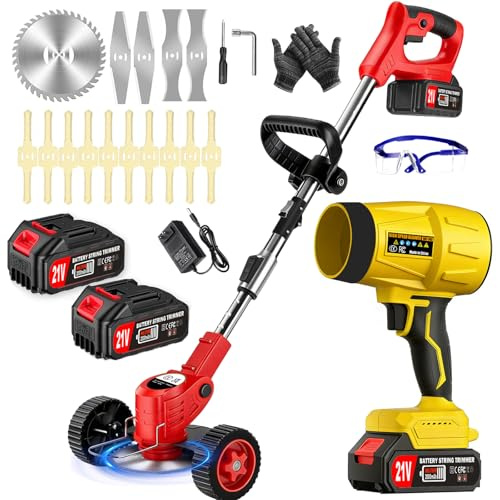 Desenrollador eléctrico inalámbrico 21 V 2,0 Ah corte borde inalámbrico con 2 baterías y cargador rápido tamaño borde con ruedas, tres tipos de cuchillas, ligeras y de bajo ruido, para jardín