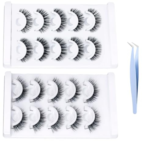 10 Pairs Pre Glued Eyelashes,Self Adhesive Eyelashes,Natural Look Reuseable Press-on Strip Eyelash, No Glue Need Wispy Lash For Beginners