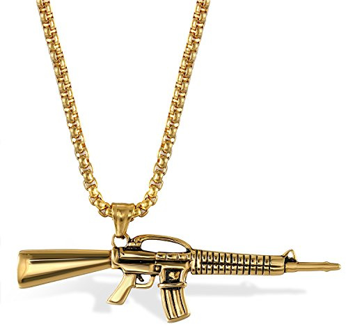 JewelryWe Schmuck Herren Halskette, Edelstahl Armee Gewehr Pistole Waffe Anhänger mit Weizenkette Gold Silber Schwarz