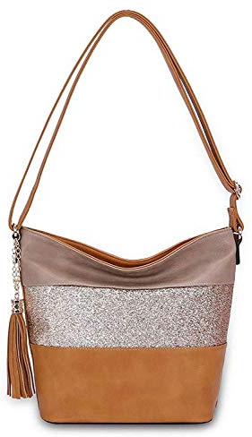 CRAZYCHIC - Sac Bandoulière Paillette Femme - Besace Fourre-Tout Cuir PU Souple - Rayure Strass Brillant Multicolore - Grande Pochette Messenger - Camel