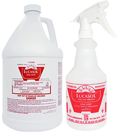 Lucasol One Step Disinfectant, 1 Gallon & 24 Oz Empty Refillable Spray Bottle Combo. All Purpose Cleaner Spray For Hospitals, Schools, Salons, Household Cleaning And More