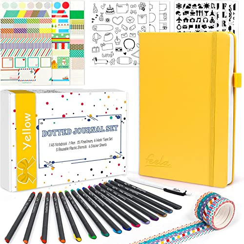 feela Bullet Journal Buch, Notizbuch A5 dotted Set mit 224 Seite Notizbuch gepunktet hardcover, Fineliner, Schablonen, Sticker, Washi-Tape, Gelstift, gelbes Din A5 Notizbuch PU Leder für Tagebuch