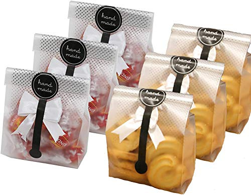 100 Pcs Translucent Plastic Cake Bags with 100pcs Hand Made Stickers | 8.7 x 22.8 cm, Thick Feel, for Cookie, Cake, Chocolate, Candy, Snack Wrapping Good, Bakery Party