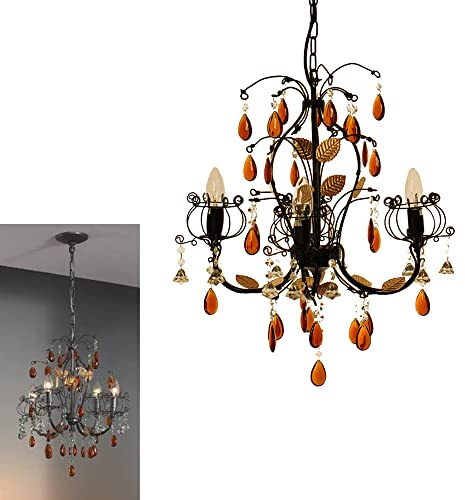 Dapo Kristall-Decken-Hänge-Pendel-Leuchte-Lampe Kronleuchter Metall schwarz, Kristall braun D: 50cm, H:52cm Fassung E14 (Venezia 4-flammig)